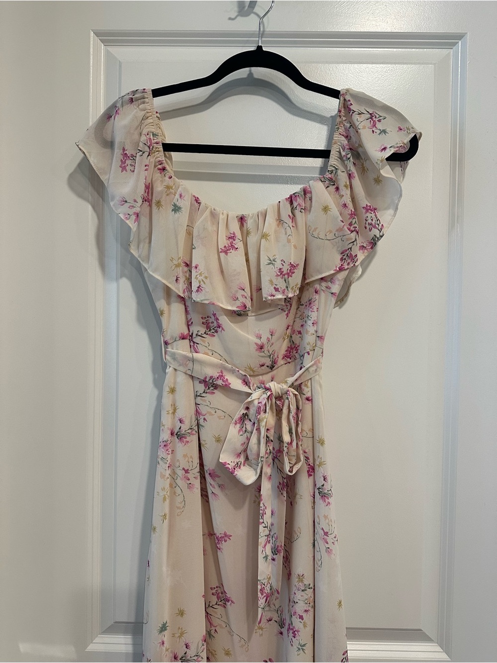 Lulu's Floral Ruffle Maxi Dress in Cream and Pink